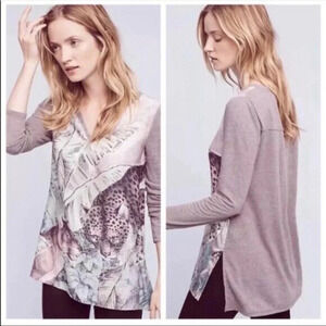 Anthropologie Akemi + Kin Fauna Jungle Cats Linen Blend Henley Top - Size Small